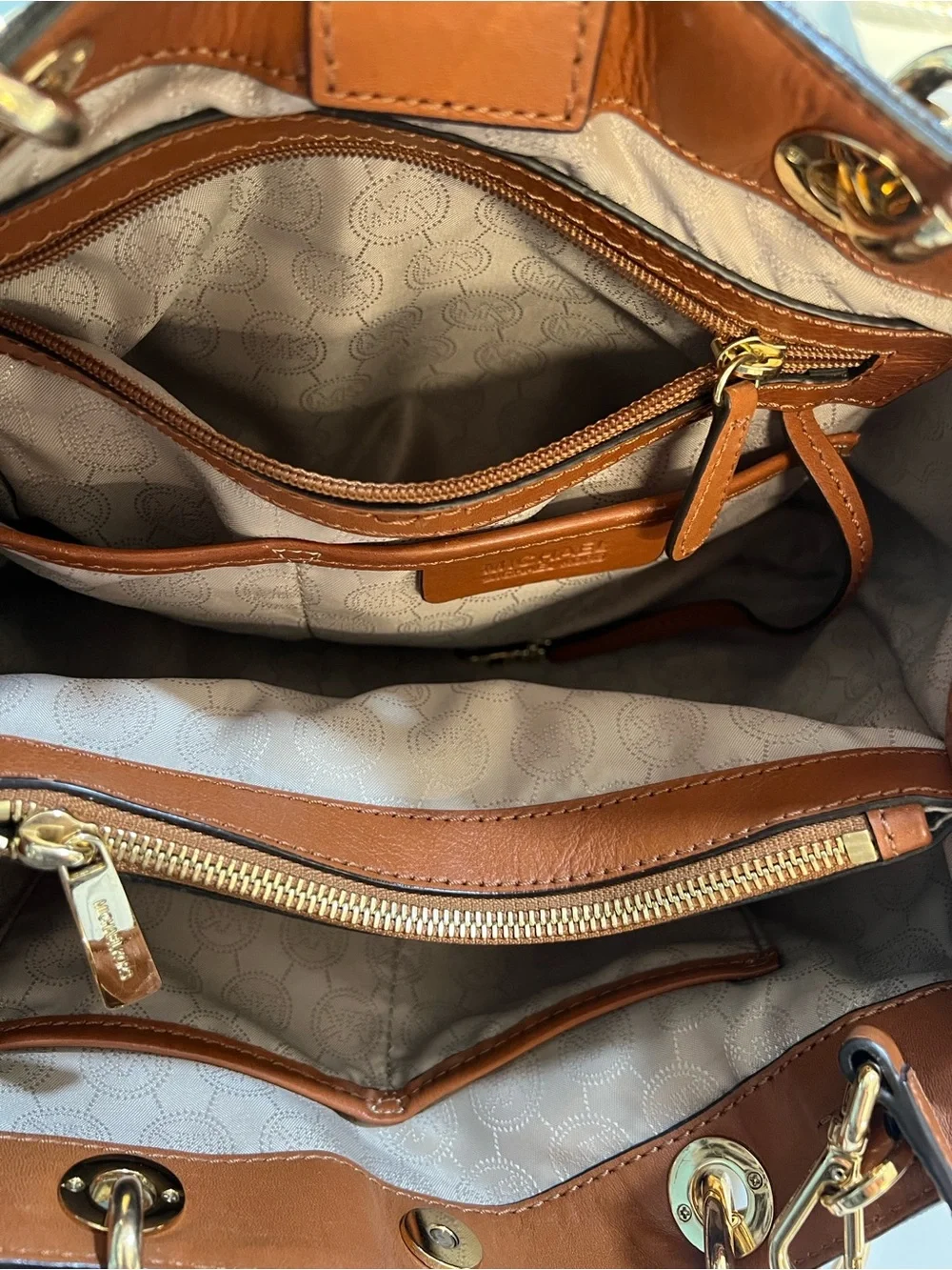 Michael Kors Brown MK Signature Shoulder Bag with Gold Hardware
